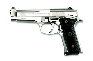 Image of Beretta 92-Steel-I Pistol, 9mm Luger, 4.7 in barrel, nickel plated steel frame, black plastic grip, recoil operated semi-automatic, single-action, frame mounted manual safety, 3-dot, 15 round magazine, BT-92-STL-I-FRRMPG