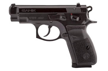 Image of Canik C100 Pistol, .380 ACP, 3.93 in barrel, black finish steel frame, black polymer grip, blowback operated semi-auto, double-action, frame mounted manual safety, fixed white 3-dot, 14 round magazine, CANIK-C100-FRRMPG