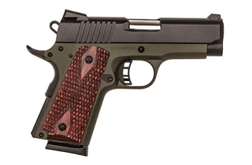 Image of Citadel M-1911-Cerakote-Compact Pistol, .45 ACP, 3.5 in barrel, matte OD green steel frame, checkered wood grip, recoil operated semi-automatic, single-action, grip safety, manual thumb safety, Novak, 7 round magazine, CTDM1911CRKTCPT-FRRMPG