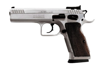 Image of EAA Witness-Stock Pistol, .38 Super, 4.5 in barrel, hard chromed carbon steel frame, checkered wood grip, recoil operated semi-automatic, double-action, adjustable target, 17 round magazine, EAA-WTNS-STK-FRRMPG