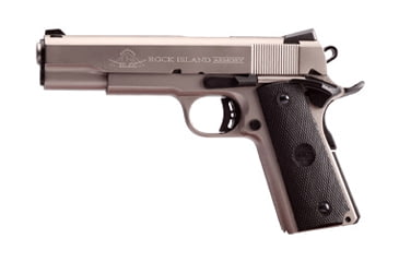 Image of Rock Island Armory 1911-Matte-Nickel-Tactical-FS Pistol, .45 ACP, 5 in barrel, nickel finish steel frame, checkered polymer grip, recoil operated semi-automatic, single-action, low profile, 8 round magazine, RIA1911MTNKTCTLFS-FRRMPG