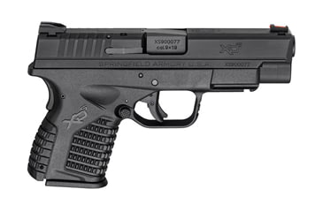 Image of Springfield Armory XD-S Pistol, 9mm Luger, 4 in barrel, black polymer frame, integrated polymer grip, recoil operated semi-automatic, fiber optic front, fixed 2 dot rear, 7 round magazine, SAXDS4-FRRMPG