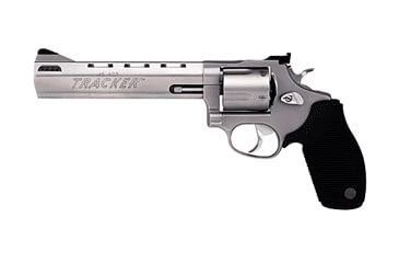 Image of Taurus 455-Tracker Revolver, .45 ACP, 6.5 in barrel, stainless steel frame, black ribbed rubber grip, revolving chamber, double-action, trigger actuated transfer bar, fixed front, adjustable rear, 5 round magazine, TRS-455-TRK-3-FRRMPG