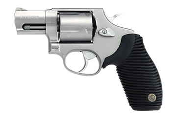 Image of Taurus 455-Tracker Revolver, .45 ACP, 2 in barrel, stainless steel frame, black ribbed rubber grip, revolving chamber, double-action, trigger actuated transfer bar, fixed front and rear, 5 round magazine, TRS-455-TRK-FRRMPG