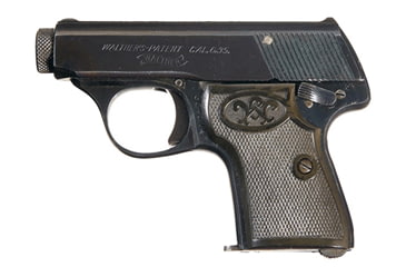 Image of Walther 5 Pistol, .25 Auto, 2.1 in barrel, blued steel frame, hard rubber grip, blowback operated semi-auto, single-action, frame mounted manual safety, fixed, 6 round magazine, WA-5-FRRMPG