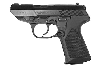 Image of Walther P5-Compact Pistol, 9mm Luger, 3.1 in barrel, blued aluminum alloy frame, black checkered plastic grip, recoil operated semi-automatic, double-action, frame mounted decocker, 3-dot, adjustable rear, 8 round magazine, WA-P5-CPT-FRRMPG