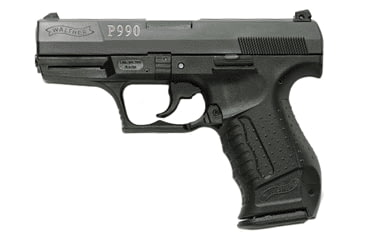 Image of Walther P990 Pistol, 9mm Luger, 4 in barrel, black polymer frame, integrated polymer grip, recoil operated semi-automatic, double-action only, striker, trigger safety, white 3-dot adjustable, 16 round magazine, WA-P990-2-FRRMPG