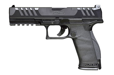 Image of Walther PDP Pistol, 9mm Luger, 5 in barrel, black polymer frame, integrated polymer grip, recoil operated semi-automatic, striker single-action, Glock-style trigger safety, fixed white 3-dot, 18 round magazine, WA-PDP-3-FRRMPG