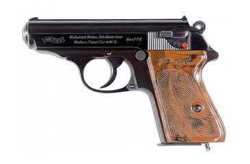 Image of Walther PPK Pistol, .25 Auto, 3.25 in barrel, blued finish steel frame, brown plastic grip, blowback operated semi-auto, double-action, slide mounted decock lever, fixed blade and notch, 9 round magazine, WA-PPK-FRRMPG