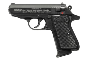 Image of Walther PPK-S Pistol, .32 ACP, 3.35 in barrel, blued finish steel frame, black plastic grip, blowback operated semi-auto, double-action, slide mounted decock lever, red dot front, red line rear, 8 round magazine, WA-PPK/S-FRRMPG