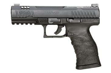 Image of Walther WMP Pistol, .22 Winchester Magnum Rimfire, 4.5 in barrel, black polymer frame, integrated polymer grip, blowback operated semi-auto, striker double-action, fiber-optic front, black notch rear, 15 round magazine, WA-WMP-FRRMPG
