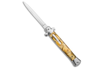Image of Mago 11" Stiletto OTF Automatic Knife Yellow Acrylic 4.8" Satin Dagger w/o Clip, Black/Gold, Stainless Steel, adult, BHQ-143903