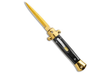 Image of Mago 9&quot; Italian Stiletto OTF Automatic Knife Black Acrylic 3.8&quot; Gold Bayonet, Black, Stainless Steel, adult, BHQ-141497