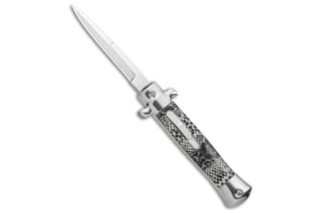 Image of Mago 9 Italian Stiletto OTF Automatic Folding Knife, 3.875in, Stainless Steel, Bayonet Blade, Acrylic, Black/White Handle, Black/White/Gray, 9.00 inch, BHQ-98336