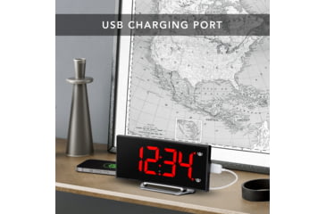 Image of Marathon Digital Dual Alarm Clock with Two USB Chargers, Black, 9 x 1 x 3in, CL030070-BK-RD-NA