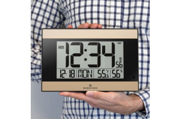 Image of Marathon Large Atomic Wall Clock w/ Calendar and Temperature, Black/Gold, 9.7in x 2in x 6.3in, CL030052BK-GD