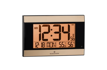 Image of Marathon Large Atomic Wall Clock w/ Calendar and Temperature, Black/Gold, 9.7in x 2in x 6.3in, CL030052BK-GD