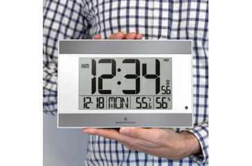 Image of Marathon Large Atomic Wall Clock w/ Calendar and Temperature, White/Silver, 9.7in x 2in x 6.3in, CL030052WH-SV