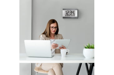 Image of Marathon Large Atomic Wall Clock w/ Calendar and Temperature, White/Silver, 9.7in x 2in x 6.3in, CL030052WH-SV