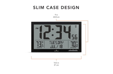 Image of Marathon Slim Atomic Full Calendar Wall Clock w/ Indoor/Outdoor Temperature, Black, 14.6in x 1.2in x 9in, CL030066-BK-FD-NA