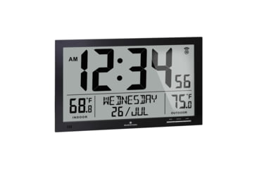 Image of Marathon Slim Atomic Full Calendar Wall Clock w/ Indoor/Outdoor Temperature, Black, 14.6in x 1.2in x 9in, CL030066-BK-FD-NA