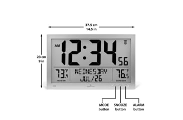 Image of Marathon Slim Atomic Full Calendar Wall Clock w/ Indoor/Outdoor Temperature, Graphite Grey, 14.6in x 1.2in x 9in, CL030066-GG-FD-NA