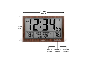 Image of Marathon Slim Atomic Full Calendar Wall Clock w/ Indoor/Outdoor Temperature, Wood, 14.6in x 1.2in x 9in, CL030066-WD-FD-NA
