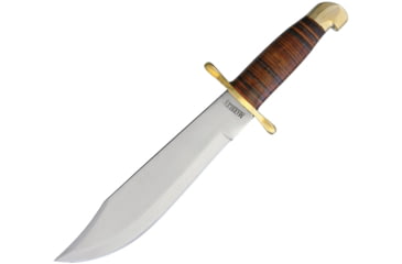 Image of Marbles Bowie Stacked Leather Knife, 16.25in Overall, 10.5in Satin SS Clip Point Blade, Stacked Leather Handle, Brass Guard, Brown Leather Sheath, MR555/ SM1018