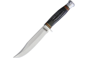 Image of Marbles Hunter Horn Handle Knife, 10.5in Overall, 5.75in Satin SS Clip Point Blade, Jigged Horn Handle, Brown Leather Sheath, MR448 /EG-713