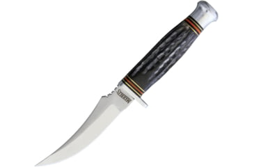 Image of Marbles Hunter Horn Handle Knife, 9in Overall, 4.5in Satin SS Upswept Skinner Blade, Jigged Horn Handle, Brown Leather Sheath, MR450 / EG-711