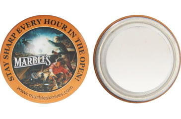 Image of Marbles Hunters Round Sharpener, Round Sharpener, Grit Medium, 2.25 Diameter, Metal Button Style Top With MarbleS Artwork, Round Sharpening Stone On Bottom, MR372