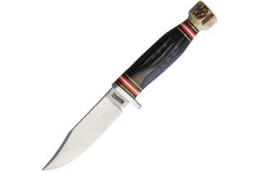 Image of Marbles Skinner Knife, 9in Overall, 4.25in Satin SS Skinner Blade, Aluminum Guard, Jigged Horn And Stag Bone Handle, Brown Leather Sheath, MR462 / EG-745