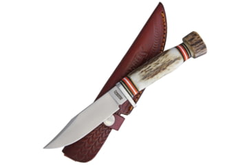 Image of Marbles Stag Skinner SS Knife, 8.75in Overall, 4.25in Satin SS Clip Point Blade, Stag Bone Handle, SS Guard, Brown Leather Sheath, MR458 / EG-739