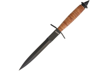 Image of Marbles V-42 Dagger Knife, 12.5in Overall, 7.25in Black Double Edge 440 SS Dagger Blade, Stacked Leather Handle, Brown Leather Sheath, EM2098006