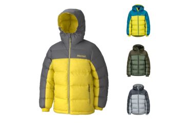 Image of Marmot Guides Down Hoody - Boys, Black, Citronelle/Moroccan Blue, Crocodile/Rosin Green, Grey Storm/Dark Steel