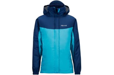 Image of Marmot Demo, Girl's PreCip Jacket, Turquoise/Arctic Navy, Medium, 55680-3930-DEMO