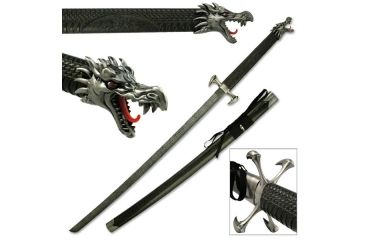 Image of Master Cutlery Fixed Blade, 41in, Stainless Steel Blade, Features A Fire Dragon End Cap W/Molded Dragon Scale Handle SW-338BK