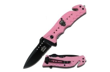 Image of Master USA Folding Blade, 3.25in, Stainless Steel Blade, Skull Medallion On G10 Effect Pink Nylon Fiber Handle MU-A010PK