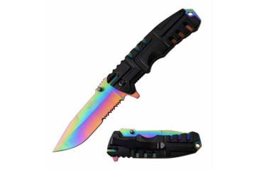 Image of Master USA MU-A097RB Spring Assisted Knife, 3.75in, 3CR13 Stainless Steel, Spear Point, Half-Serrated, Rainbow Blade, Injection Molded Handle, Black, MU-A097RB
