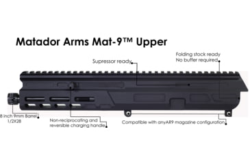 Image of Matador Arms Mat9 Upper Receiver, 9mm, 7.825 in, 1-10 Twist, 1/2x28 Threads, 4150 Lightweight Nitrided, Black, MAT9-U-BLK