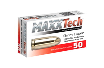 Image of MAXXTECH 9mm 115 Grain Full Metal Jacket Pistol Ammo, 50 Rounds, PTGB9MMB