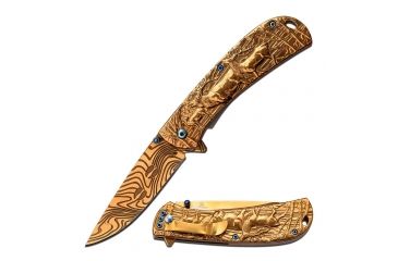 Image of MC Masters Collection Folding Blade, 3.5in, Stainless Steel Blade, Golden Ti Coated Elk Sculpture Stainless Steel Handle MC-A033GD