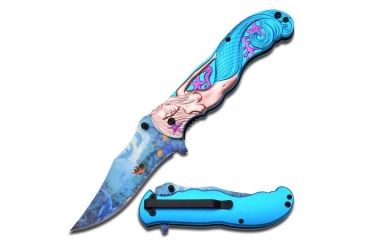 Image of MC Masters Collection Folding Blade, 3.8in, Stainless Steel Blade, Copper Mermaid With Light Blue Tail On Aluminum Handle MC-A013LB