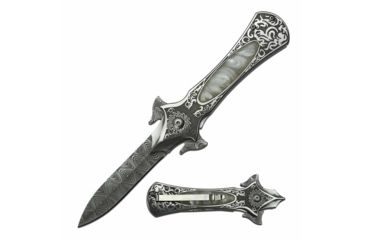 Image of MC Masters Collection MC-A047GY Spring Assisted Knife, 2.7in, 3CR13 Stainless Steel, Dagger, Damascus Blade, Stainless Steel Handle, Gray, MC-A047GY