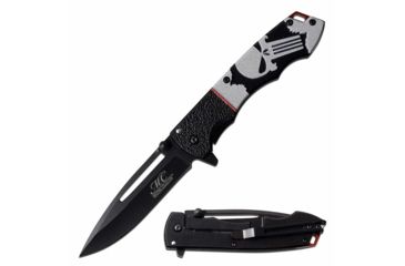Image of MC Masters Collection MC-A057P Spring Assisted Knife, 3.5in, 3CR13 Stainless Steel, Spear Point, Black Blade, Aluminum Handle w/ Punisher Printing, Black, MC-A057P