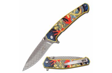 Image of MC Masters Collection MC-A058GD Spring Assisted Knife, 3.5in, 3CR13 Stainless Steel, Drop Point, Laser Etched Steel Blade, Aluminum Handle, Gold, MC-A058GD