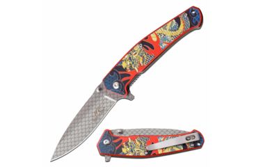 Image of MC Masters Collection MC-A058RD Spring Assisted Knife, 3.5in, 3CR13 Stainless Steel, Drop Point, Laser Etched Steel Blade, Aluminum Handle, Red, MC-A058RD