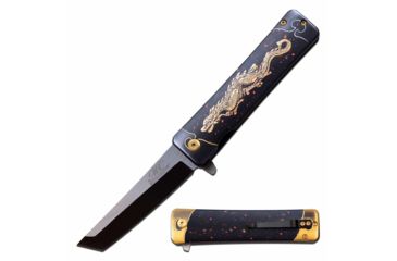 Image of MC Masters Collection MC-A061D Spring Assisted Knife, 3.5in, 3CR13 Stainless Steel, Tanto, Black Blade, Aluminum Handle w/ Dragon Printing, Black, MC-A061D