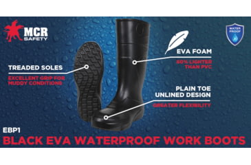 Image of MCR Safety 12in EVA Work Boots, Plain Toes with Treaded Sole, Over the Sock Style, Unlined Interior, Black, 7, EBP107