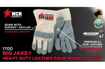 Image of MCR Safety Big Jake Premium A+ Side Leather Palm Work Gloves, Sewn with DuPont Kevlar, 2 3/4in Safety Cuff, Gray, XX - Large, 1700XXL